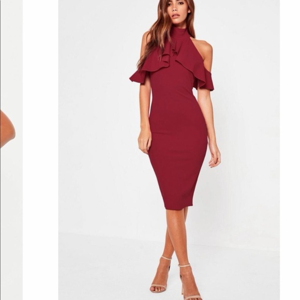 Missguided Burgundy Ruffle Midi Dress